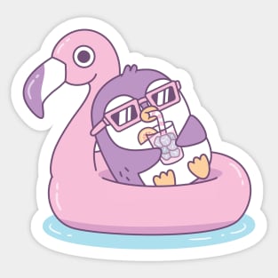 Cute Purple Penguin Chillin On Pink Flamingo Pool Float Sticker